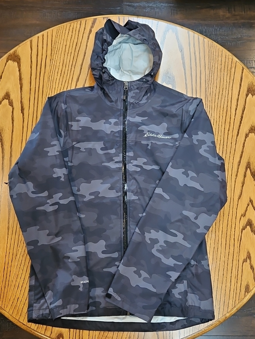 Eddie Bauer Weatheredge Men's Hooded Camo Rain Jacket Black Gray Camouflage Sz S